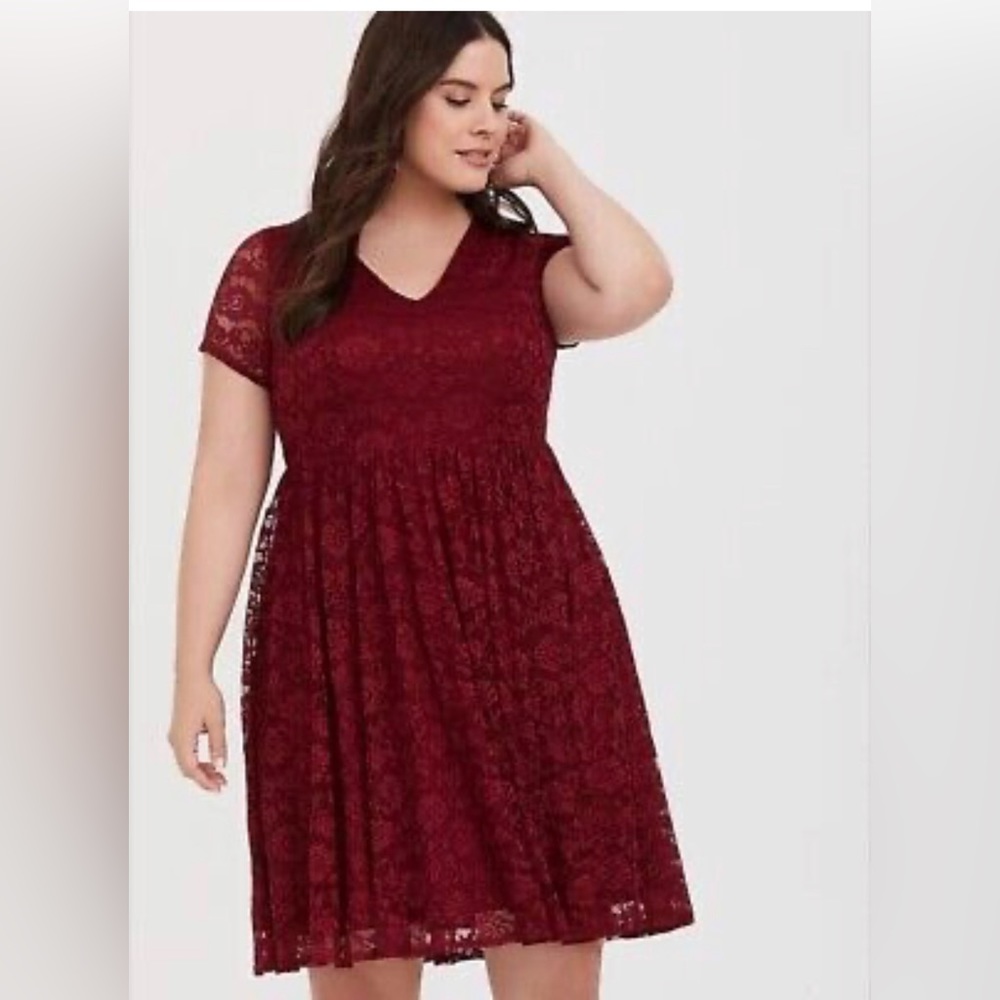 Torrid Lace V neck skater fit and flare Deep red dress